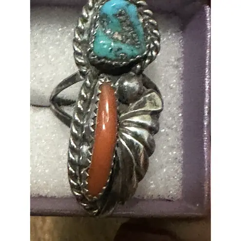 SIZE 8 "RHY" NAVAJO STERLING SILVER TURQUOISE & LARGE CORAL WOMENS RING