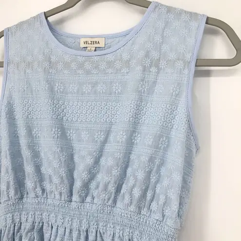 Velzera Mini Dress Light Blue Floral Embroidered Sleeveless Lined Size S