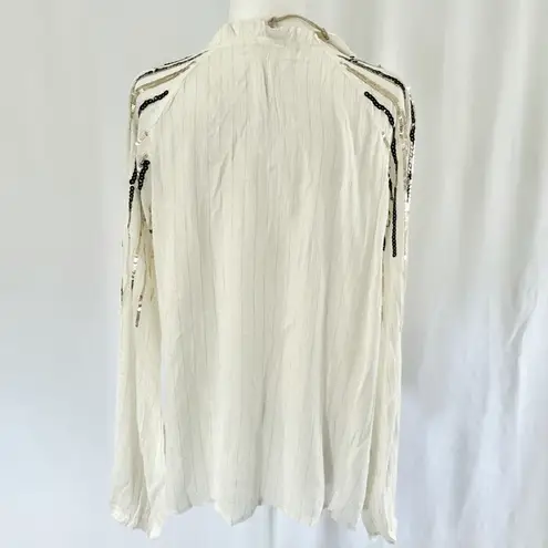 Free The Roses New  Sequin Striped Tassel Tie Peasant Top Ivory Black Gold