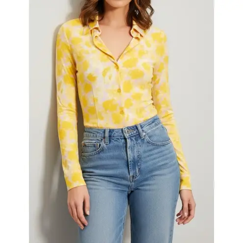 ROUJE PARIS Palmyra Long Sleeve Shirt, Yellow Watercolor Peony Print, FR44/US12 Size 12 - Image 2
