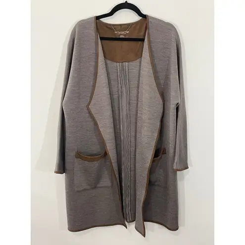 Soft Surroundings Cardigan Sweater Medium Taupe Brown Faux Suede Trim Open Front