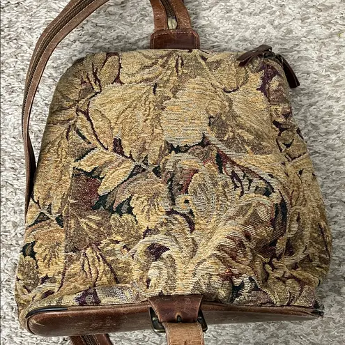 Vintage J. Jill Leather Floral Tapestry Convertible Backpack / Crossbody Bag Brown