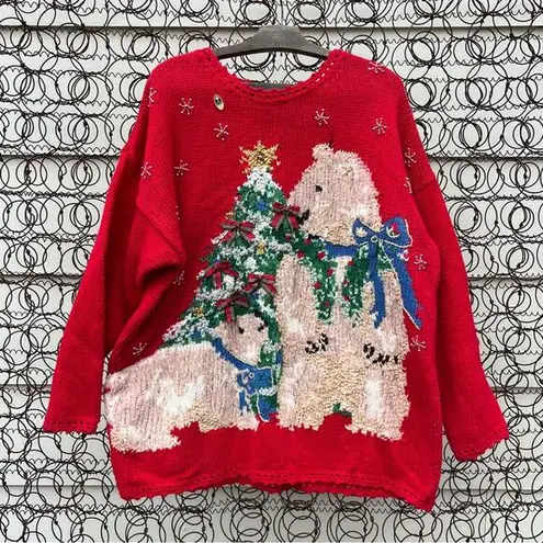 90s ugly Christmas sweater tree snowflakes chenille polar bear teddy bear yak? Red Size XL