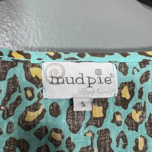 Mud Pie Bag Lady Turquoise Leopard Print 100% Linen Resort Dress - Size Small