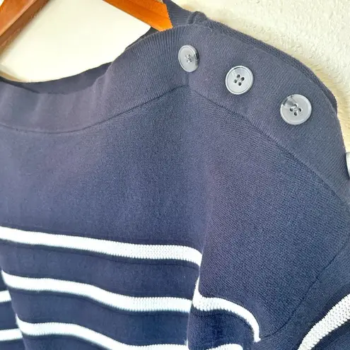 Free Assembly Womans Sweater Navy/White Stripe M Button Shoulder Boat Neck Blue Size M