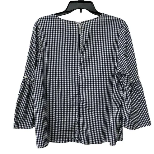 Grand & Greene Womens Navy and White Checkered Bell Sleeve Pearl Accent Top Sz M Blue Size M