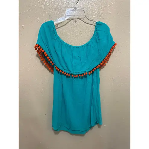 JODIFL Turquoise Embroidered Floral Off Shoulder Pom Pom Top Medium