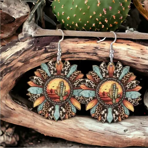 Sunflower shaped pendant drop‎ leopard pattern wooden hook earrings