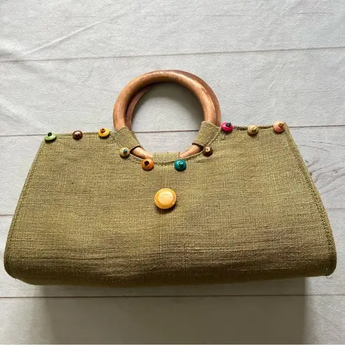 Unbranded bohemian round wooden handles Boho straw wooded beaded tote bag