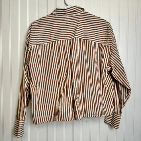 Anthropologie Maeve Brown Stripe Uneven Hem Cropped Button Down