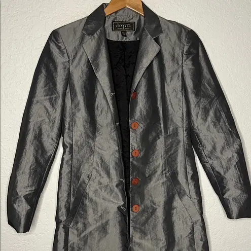 EXPRESS Vintage  Silver Trench Coat Pockets Nylon Shimmer Lined Y2K Small 3/4