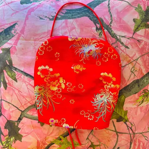 West of Melrose purr melrose red kimono style tie open back halter crop top