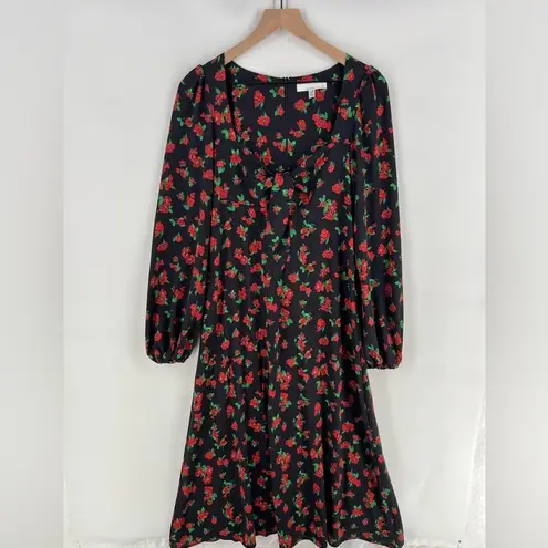 Fourteenth Place Romantic Floral Sweatheart Puff Long Sleeve Tie Front Dress