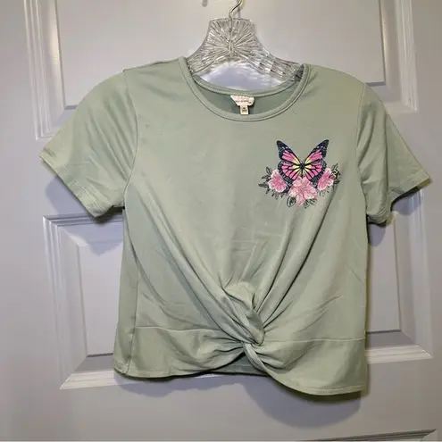 Self Esteem  Green Butterfly Graphic Short Sleeve Twist Knot Crop top size M