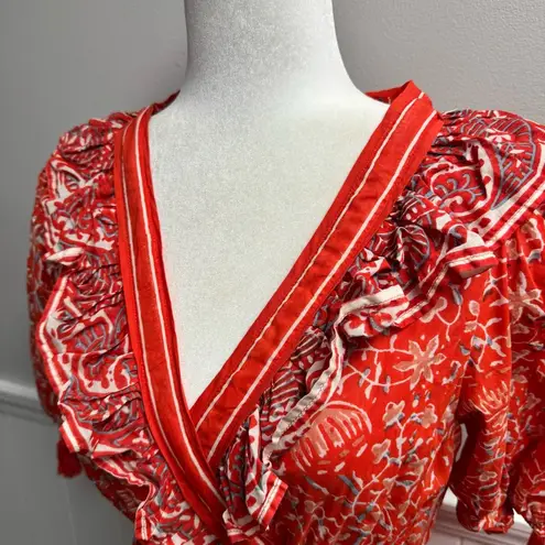 Cleobella Blair Tassel-Cuff Ruffle Short Sleeve Mini Dress Floral Orange Small S