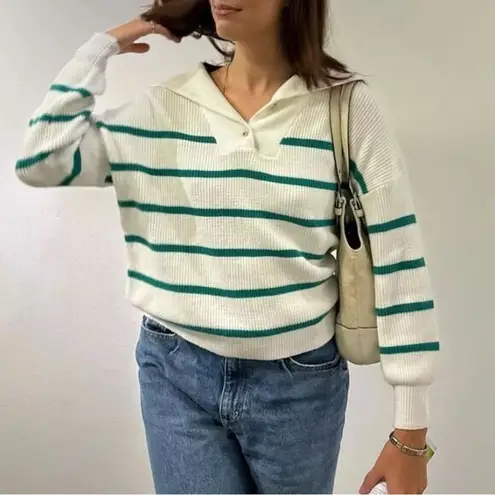 Sincerely Jules Womens Large Sweater White Green Striped Ribbed Knit Pullover
