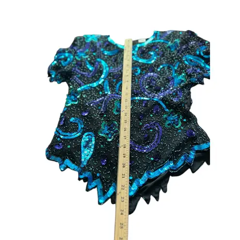 Vintage Lawrence Kazar Beaded Sequin Top Turquoise Purple Embellished Party Black Size L