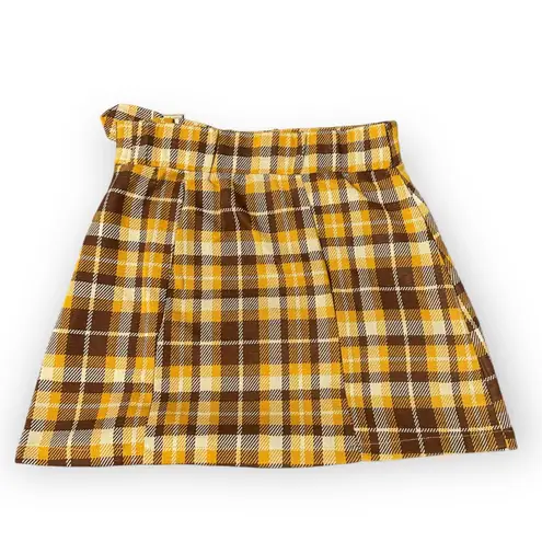 Jolie & Joy by FCT Yellow/Brown Retro Y2K Plaid Mini Skirt with Belt NWT Yellow Size L