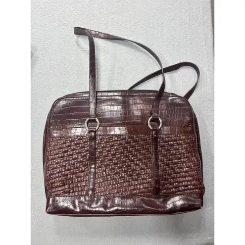 Coldwater Creek Laptop Tote Bag Faux Croc Leather Woven Brown Shoulder Bag Work