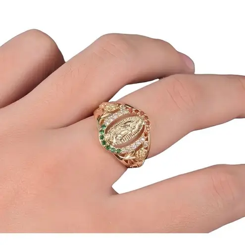 Lady of Guadalupe Virgin Mary With Round Cut Cubic Zirconia Ring size 9 Gold
