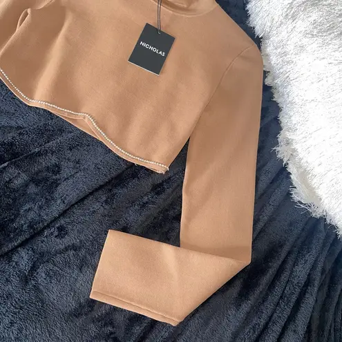 NICHOLAS Gael Cropped Crystal Long Sleeve Top in Nude Silver Size M