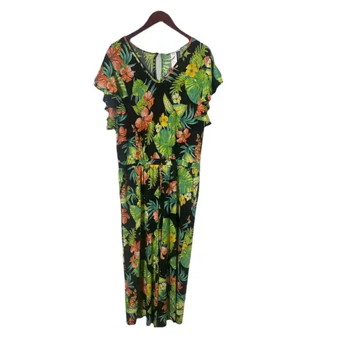 Signature Collection Plus Size Tropical Jumpsuit Women’s XL/16 Stretchy Wide Leg Vacation Resortwear