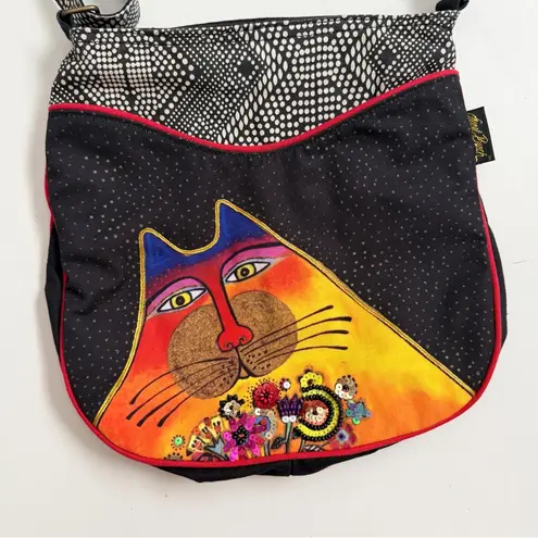Laurel Burch Purse Crossbody Cats Sequin Flowers Aztec Pockets Black White Red