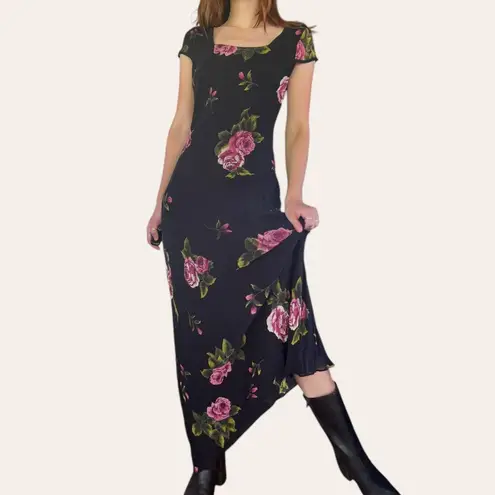 90s vintage floral chiffon square neck cap sleeve maxi dress black and pink XS/S