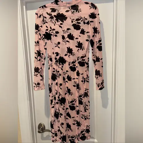 CBR SHEER DRESS MED. PINK W BLACK FLORAL MIDI THIGH HIGH SLITS HIGHCOLLAR NECK