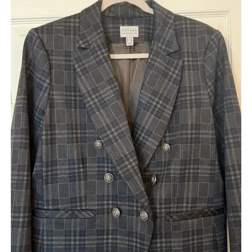 Susan Graver Double-Breasted Blazer Sz 12 Gray & Navy Plaid Office Career Staple