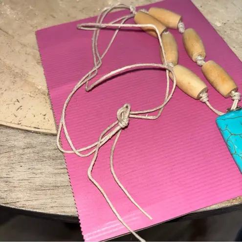 Turquoise Type Pendent Necklace Homemade Wooded Spools Corded Rope 14” Long Blue