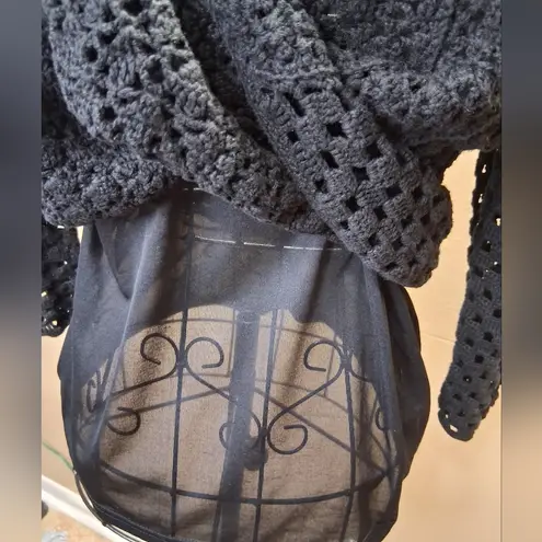 NWOT J.H.COLLECTION Black Hand Knit Crochet Black Sweater Top Tunic Sz M Size M
