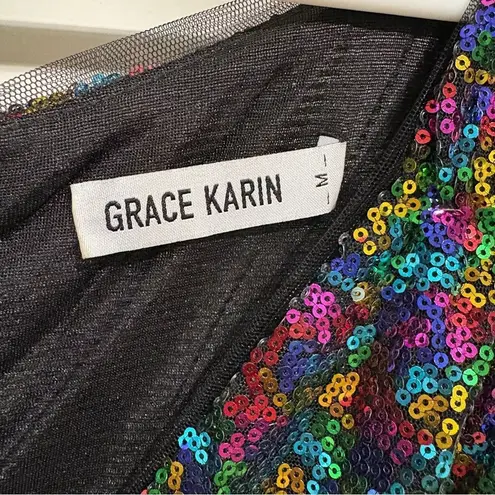 Grace Karin Sequin Multi Color Rainbow Faux Wrap Party Cocktail Mini Dress Sz M