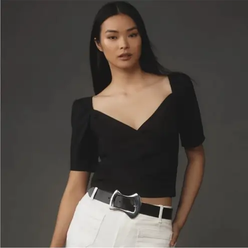 NWOT By Anthropologie Black Puff Sleeve Wrap Top Short Blouse Size M Size M