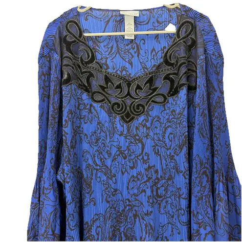 Catherines Blue Black Scroll Crinkle Pleated Crochet Georgette Blouse Size 5X