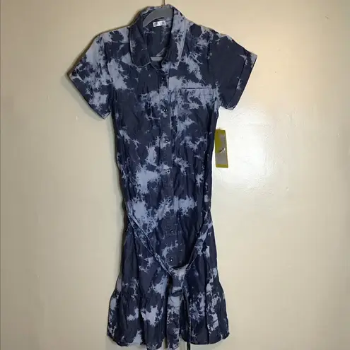 Spense Women Tie Dye denim Dress Sz. Sm button front Ruffle bottom NWT Blue
