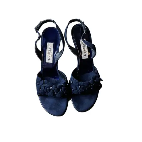 BELTRAMI Suede Sandals Navy Blue 3D Floral Design Sling Back Italy EU 38 US 7.5