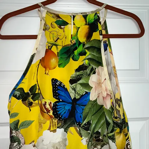 Roberto Cavalli Yellow Printed Silk Lace Detail Halter Floral Mix Print Top