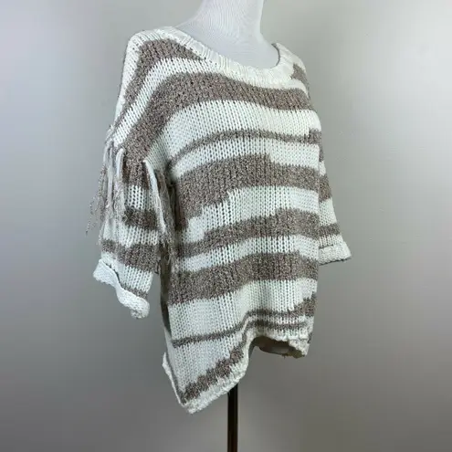 Sloane Rouge Sweater XS Fringe 3/4 Sleeve Wool Blend Striped Open Knit White
