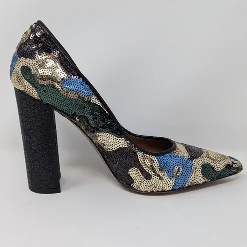 TIFFI Sequin Pointed Toe Block Heels Black Gold Blue Size 37