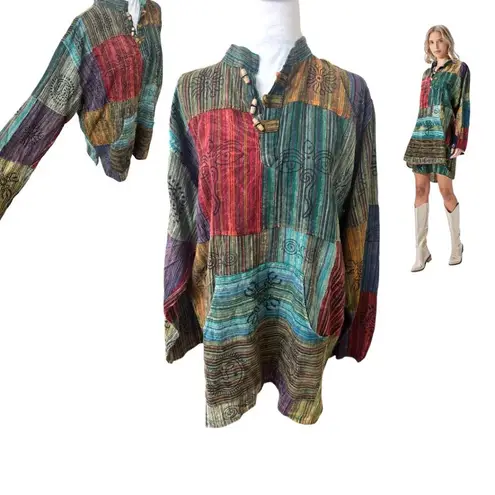 RISING INTERNATIONAL QUILT PATCHWORK TUNIC DRESS LONG TOP X LARGE MADE IN NEPAL Green Size XL
