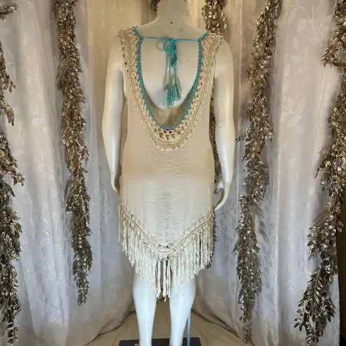 Negs Women’s Boho Crochet Fringe Tunic Cover Up Festival Medium Large granny Blue