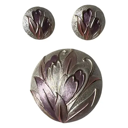 Post Modern Pastel Flower Dome Brooch & Clip In Floral Earrings Jewelry Set Gold