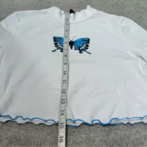 SheIn  Blue Butterfly Print White Mock-Neck Long Sleeve Crop Top