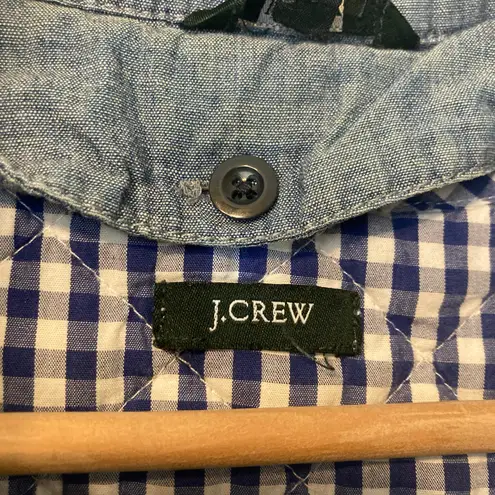J. Crew Blue Chambray Denim Snap Zip Up Hooded Plaid Lining Bomber Jacket Size 6