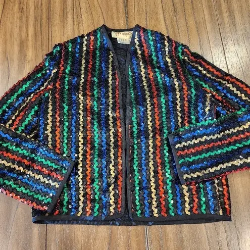 Ann green artsy black colorful sequin vintage open Cardigan Sweater Red