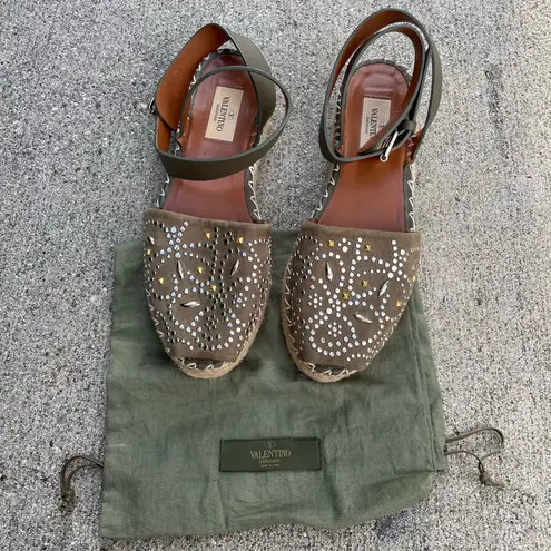 Valentino Garavani Valentino studded green suede and leather ankle-wrap espadrille sandal size 37