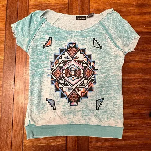 Sweater Project Light Aqua Blue Aztec Short Sleeve Oversized Blouse Size XL