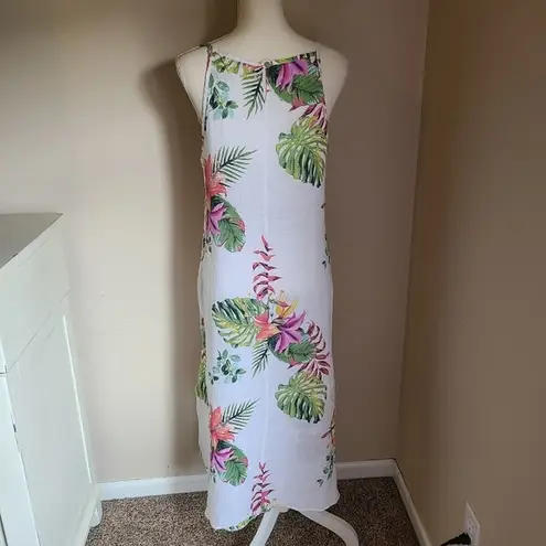 Lungo L’arno‎ 100% Linen Floral Palms Maxi Dress/Coverup Size Small White