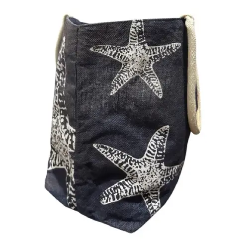 Navy Jute Starfish Beach Tote Bag Rope Handles Coastal Summer Travel Blue